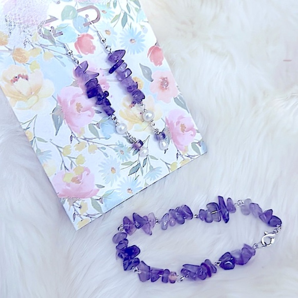 🪻Lovely Crafted w/Natural Stunning Amethyst Gems Bracelet+Earrings Semi-Precious